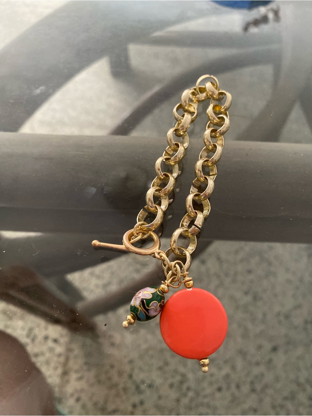Gold Chain Bracelet with Coral Red Disc and Cloisonné Bead